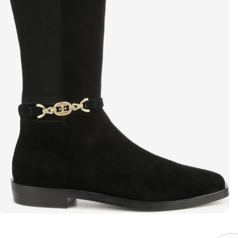 NWOB Sam Edelman Clive Knee High Black Suede Boots Women’s 6.5 Gold Chain Detail